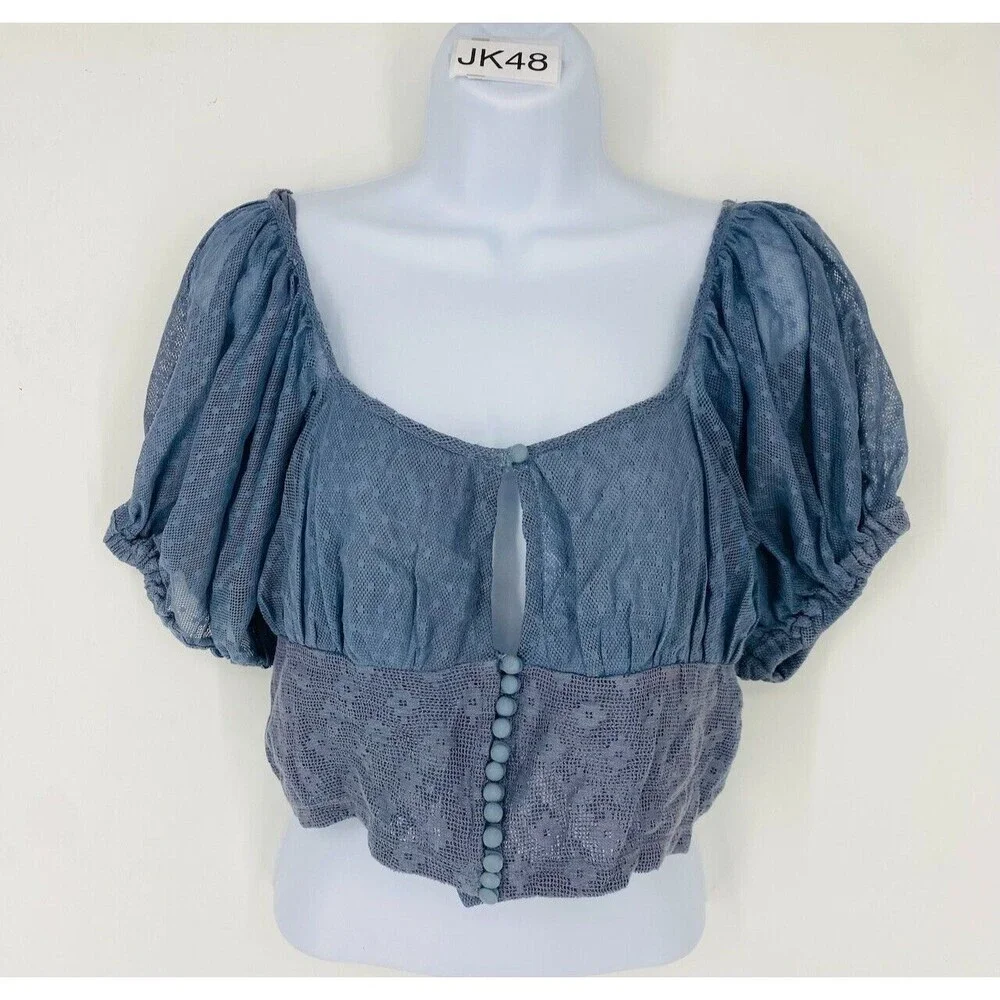 Free People Heartstrings Corset Crop Top XS Dusty Blue Cotton Puff Sleeve Button
